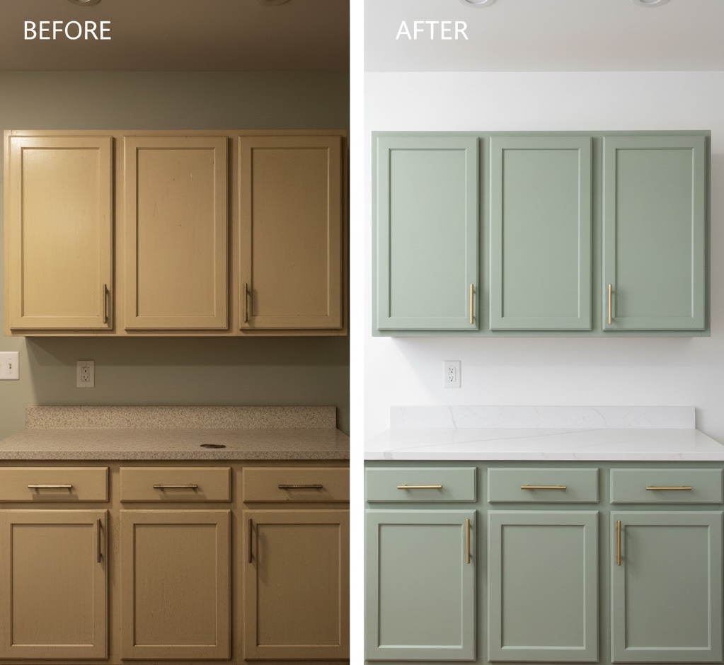 Kitchen cabinet refinishing — sage green transformation