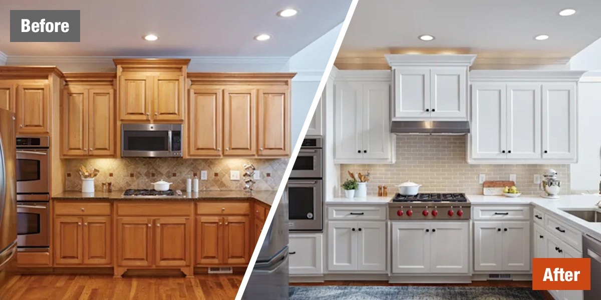 Before and after kitchen cabinet refinishing by At Your Service, London ON