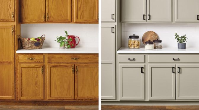 Kitchen cabinet before and after — warm greige refinish